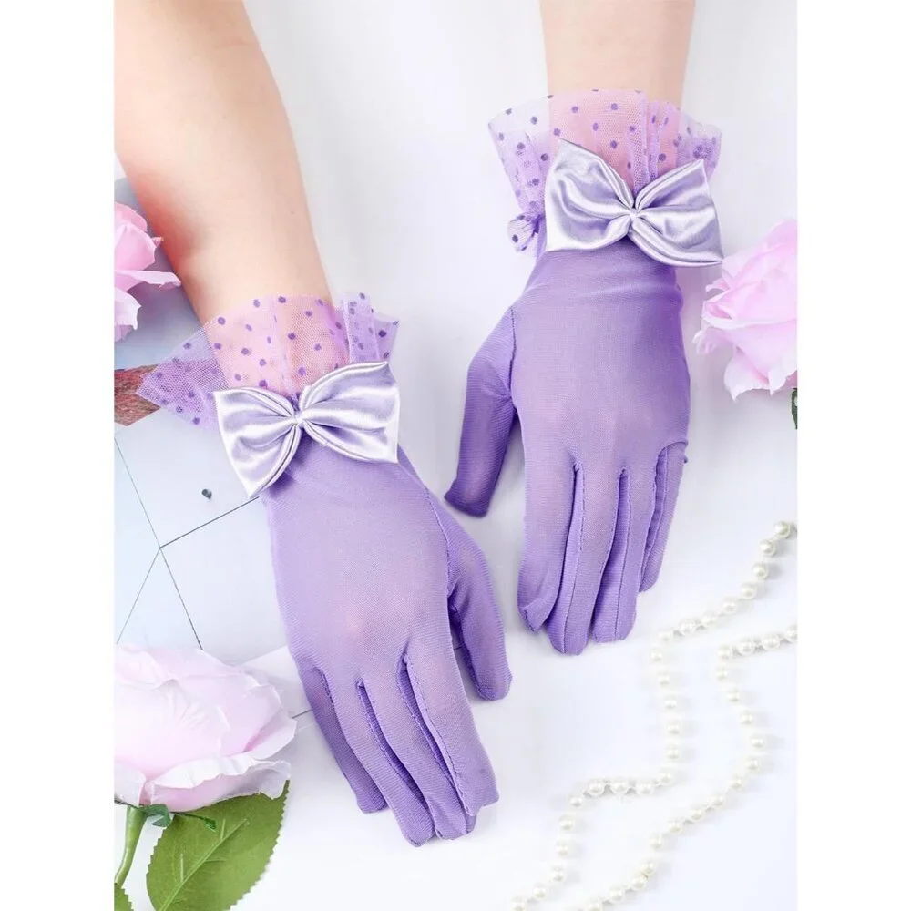 Women's Short Purple Bow Lace Gloves Tea Party Elegant Opera Wedding Accessories
